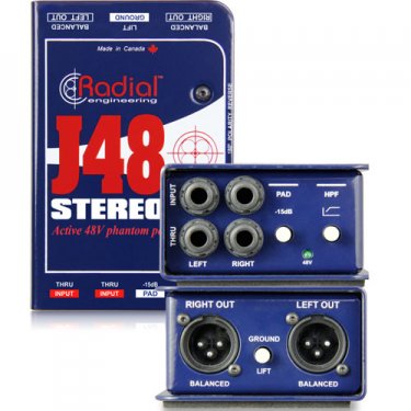 Radial,J48 Stereo,立体声48V幻象供电DI直插盒,有源DI盒,前置放大器,噪声滤波器,噪声